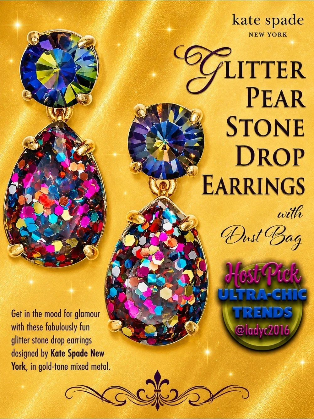 Glitter Pear Stone Drop Earringswith Dust Bag